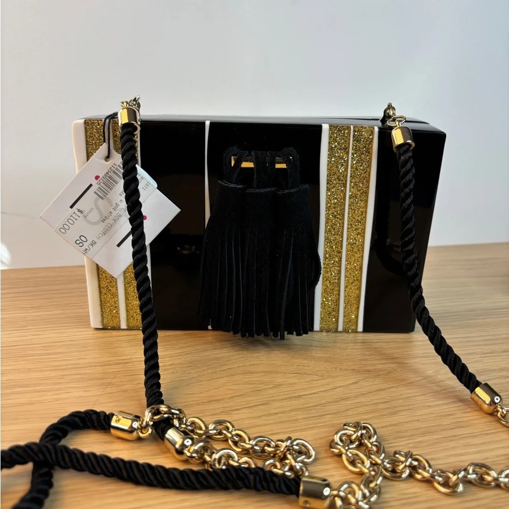 ISTI Acrylic Black White & Gold‎ Glitter Striped Bag NWT Chain/Rope Strap